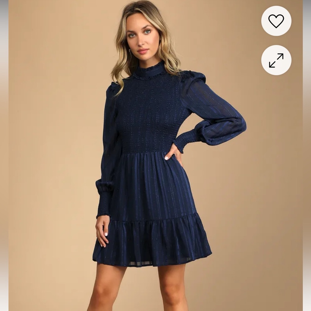 Lulu's Heartful Romance Navy Striped Smocked Long Sleeve Mini Dress